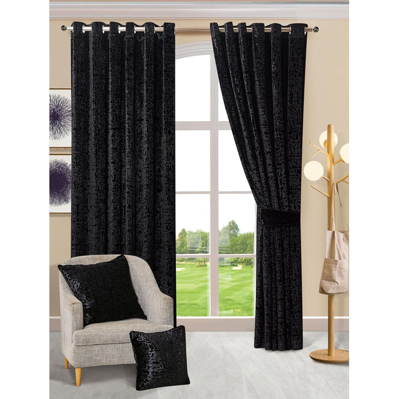 Adelen Velvet Blackout Curtain Pair, Black, 229cm Width x 137cm Drop