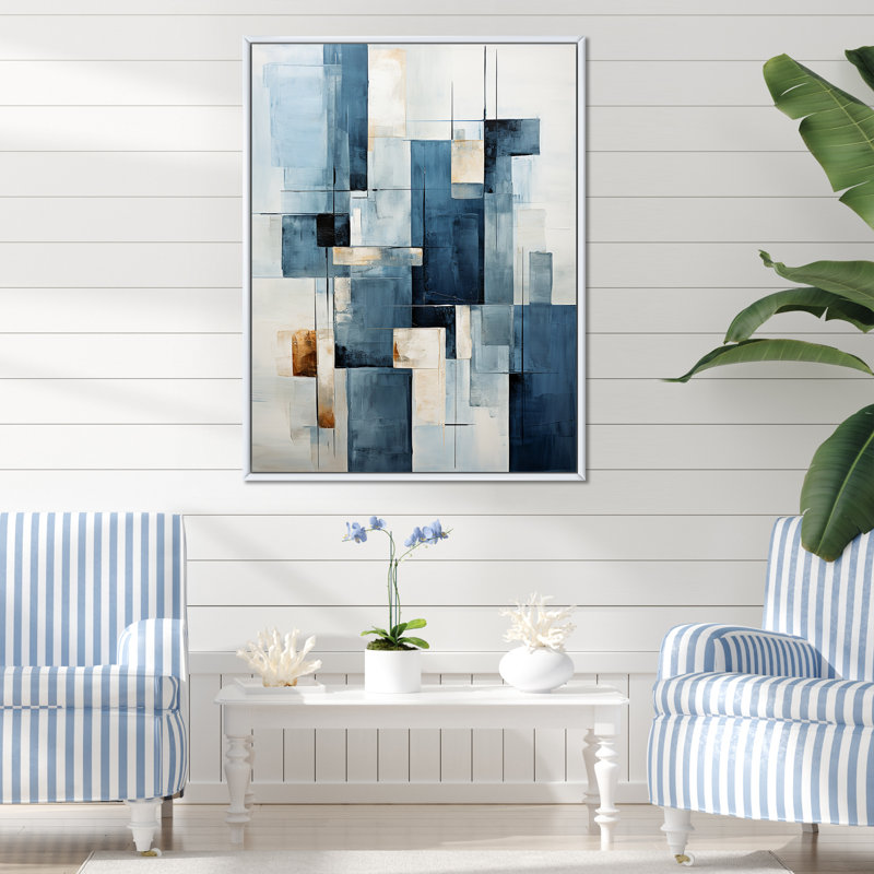 «Blue Nautical Shapes V - Coastal Minimalisme», art mural, Cadre flottant blanc, H 44 po x l 34 po x P 1,5 po