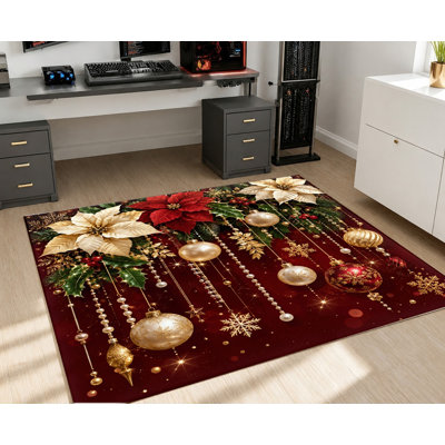 Tapis de Noël lavable en machine à motif floral avec envers antidérapant, orné de poinsettias bordeaux et or, idéal pour décorer votre salon, chambre, entrée ou appartement pendant les fêtes.