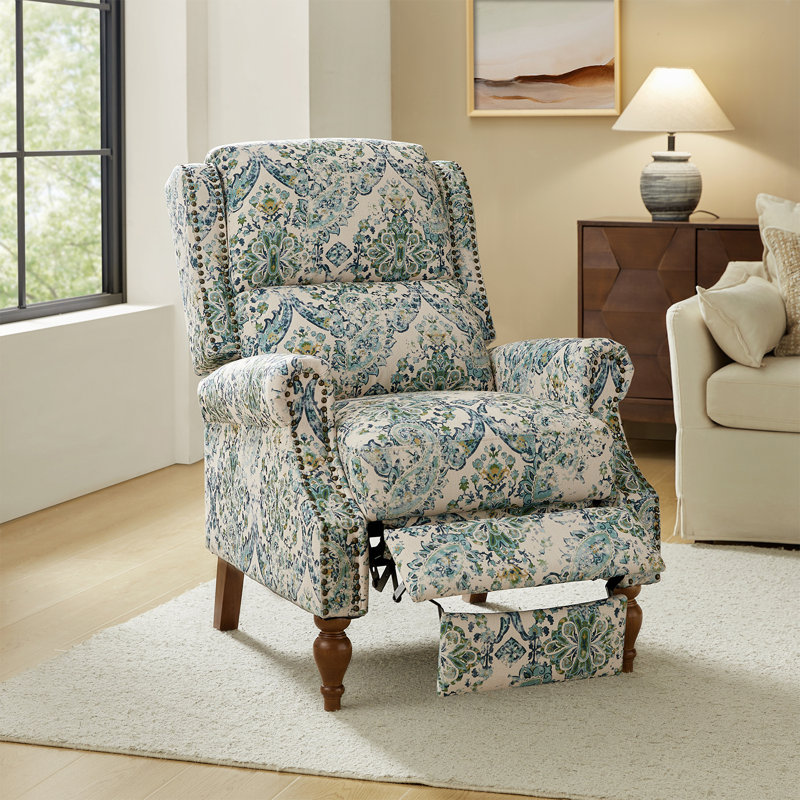 Ariany Floral Polyester Manual Reclining Chair with Nailhead Trim, Blue Polyester Blend