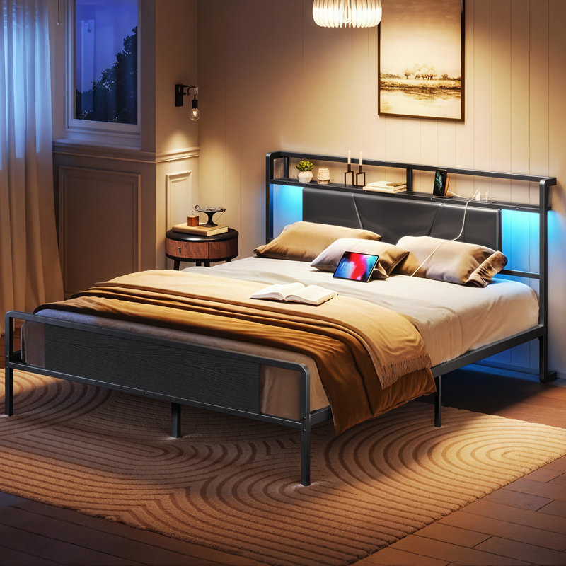 Queen Bed Frame with Upholstered Headboard & Charging Station, Black, Queen