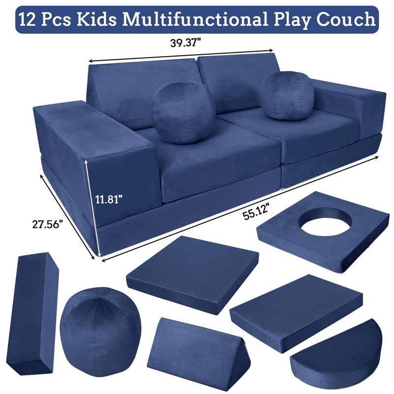 Kids Play Couch, 12 Pcs Modular Toddler Couch, Blue Faux Leather