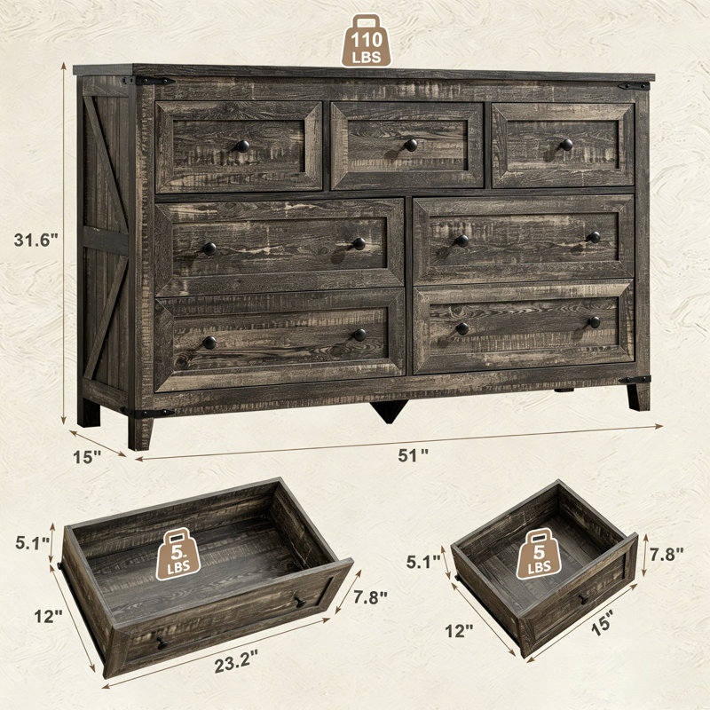 Commode 51 "en bois pour chambre à coucher avec 7 tiroirs, commode Farmhouse, Chêne rustique foncé