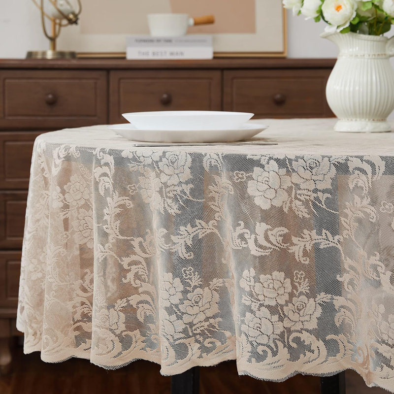 Keilly Round Floral Wedding Lace Tablecloth, Linen, 36" Round