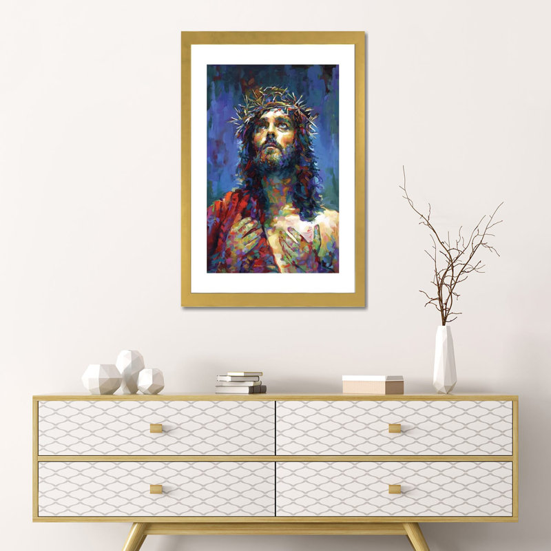 «Jesus Christ» par Leon Devenice - impression d'art graphique, H 24 po x l 16 po x P 1 po, Papier encadré doré, Blanc