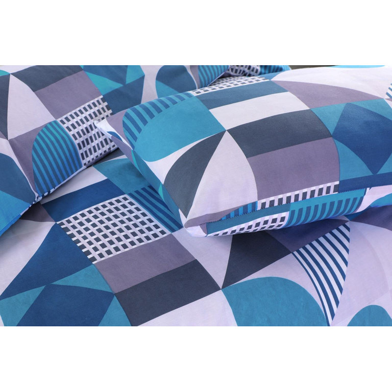 Amario Cotton Blend Geometric Shapes Duvet Cover Set with Pillowcases Included, King, Blue