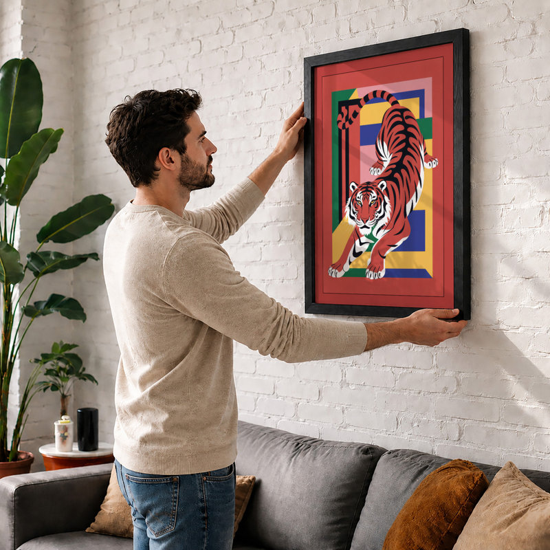 Tiger Geometric - Framed Print, A2 - 59.4 x 42.0 cm, Oak