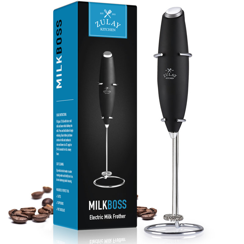 Black Modern Handheld Electric Milk Frother with Stand