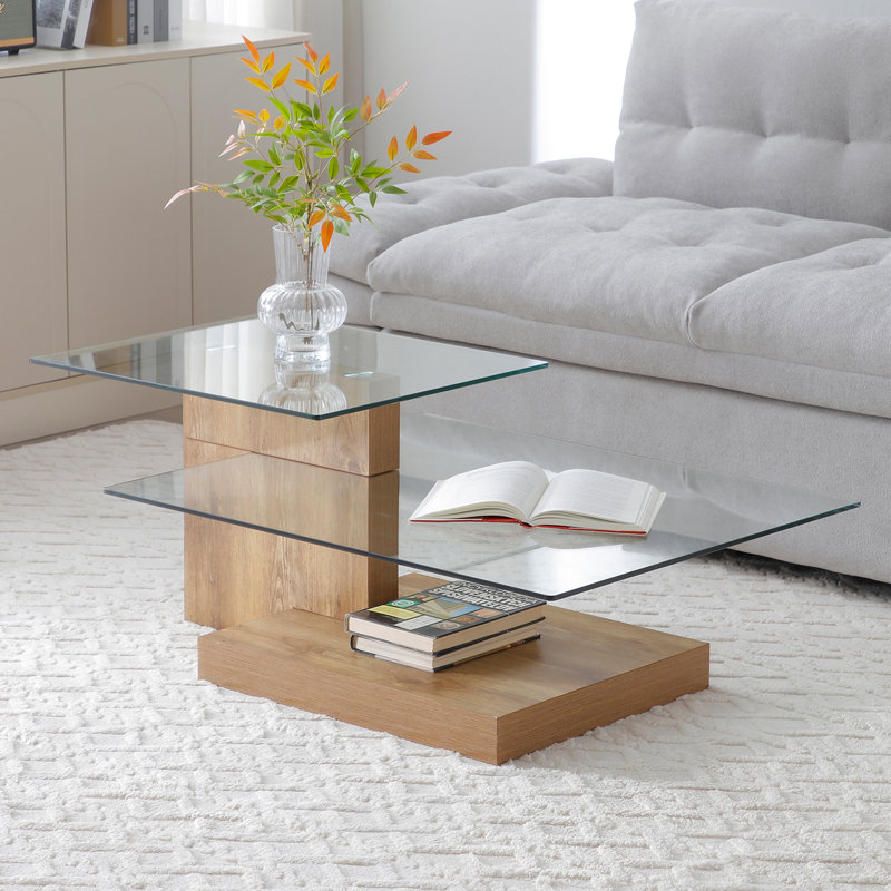 43.7" L X 27.6" W 2-tier Rectangular Glass Top Coffee Table For Living Room, Natural