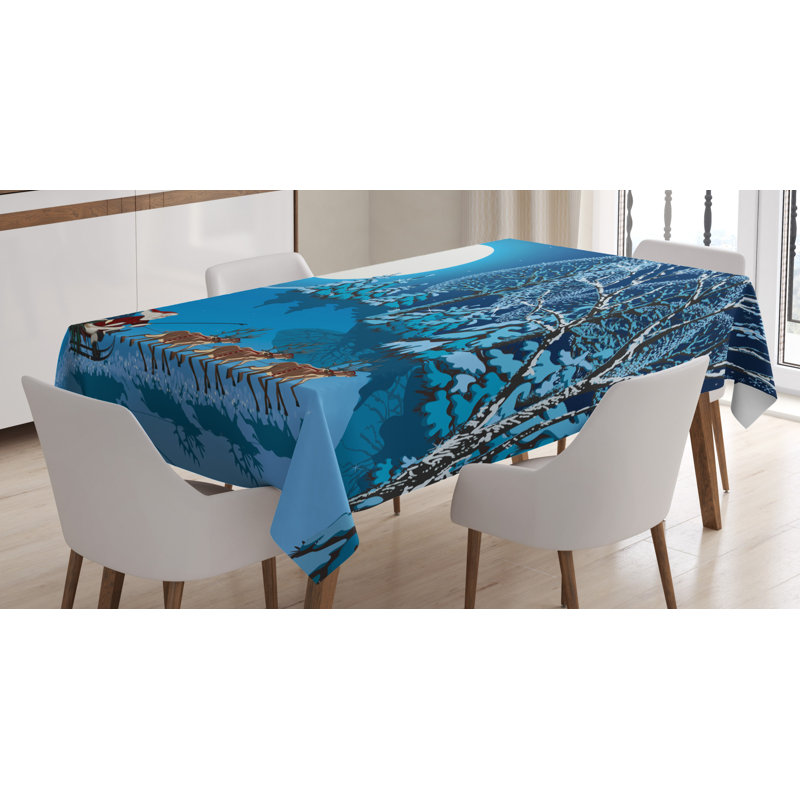 Santa in Sleigh a Night with Full Moon in the Sky Snowy Winter Xmas Theme Print Tablecloth, 72" x 52"