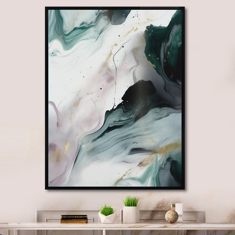 «Green and White Contemplative Abstraction II», art abstrait en marbre encadré, H 44 po x l 34 po x P 1,5 po