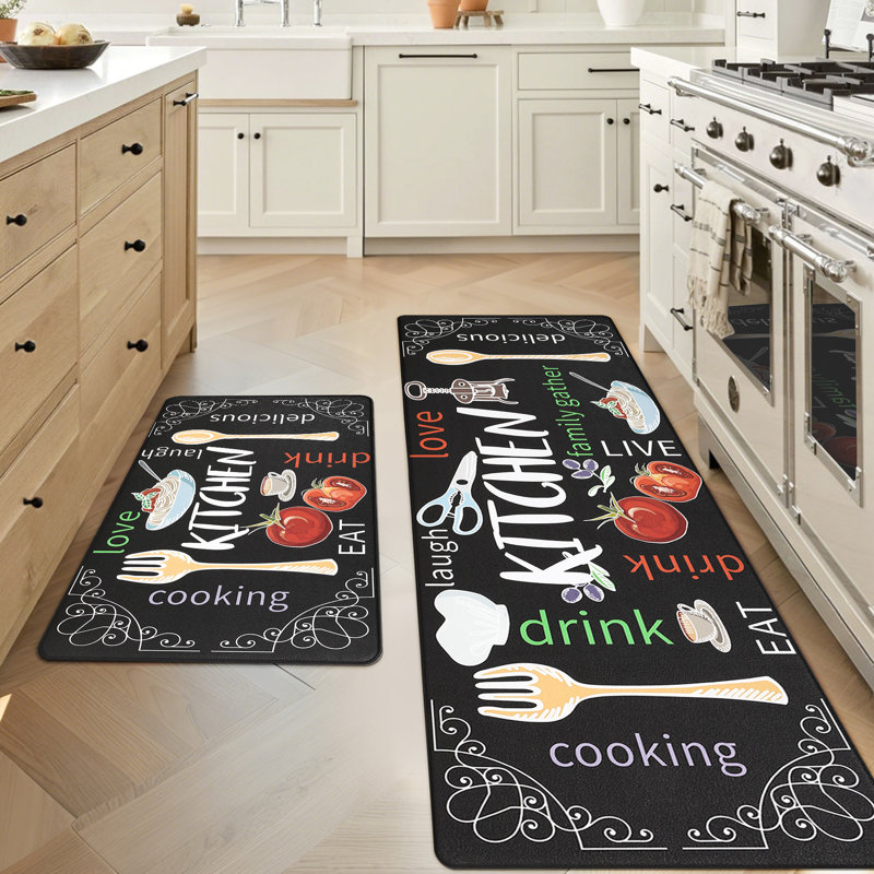 Anti-Fatigue Non-Skid Waterproof Kitchen Mat (Set of 2), Black/Red/Yellow, Runner 20" x 31.5" + 20" x 59"