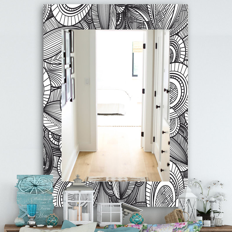 Geometric Leaves In Black and White - Traditional Mirror - Vanity Printed Mirror, 39.4" H x 29.5" W