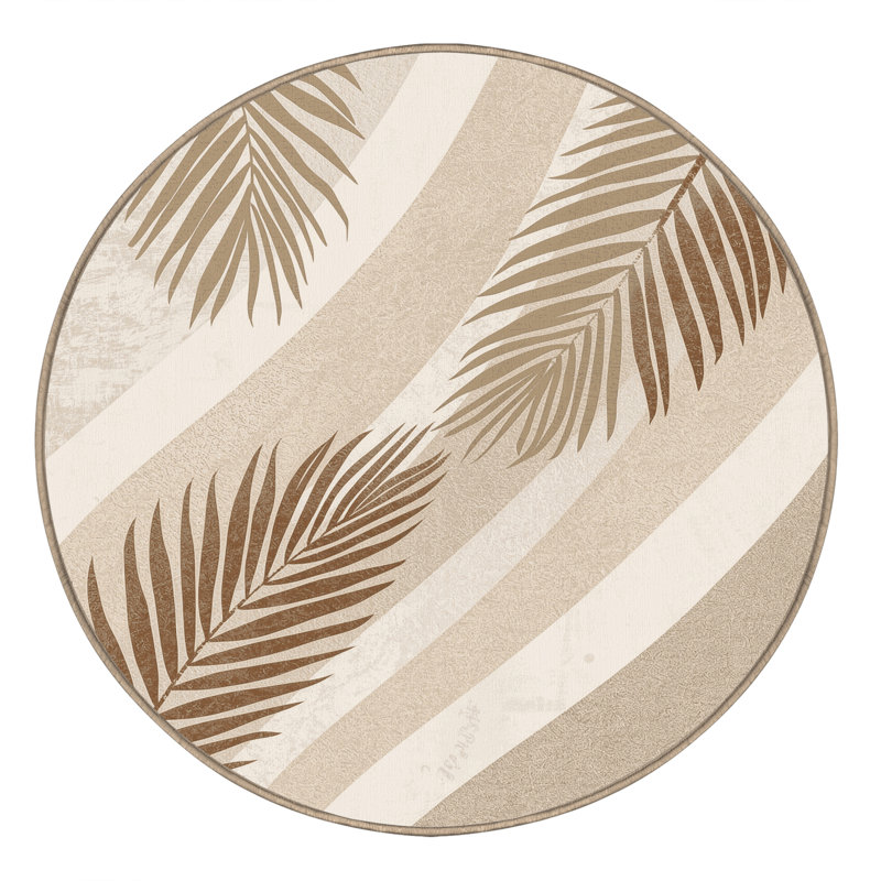 Tapis beige doux et moelleux à motif de palmiers et de palmiers Calvin, Rond 3 pi