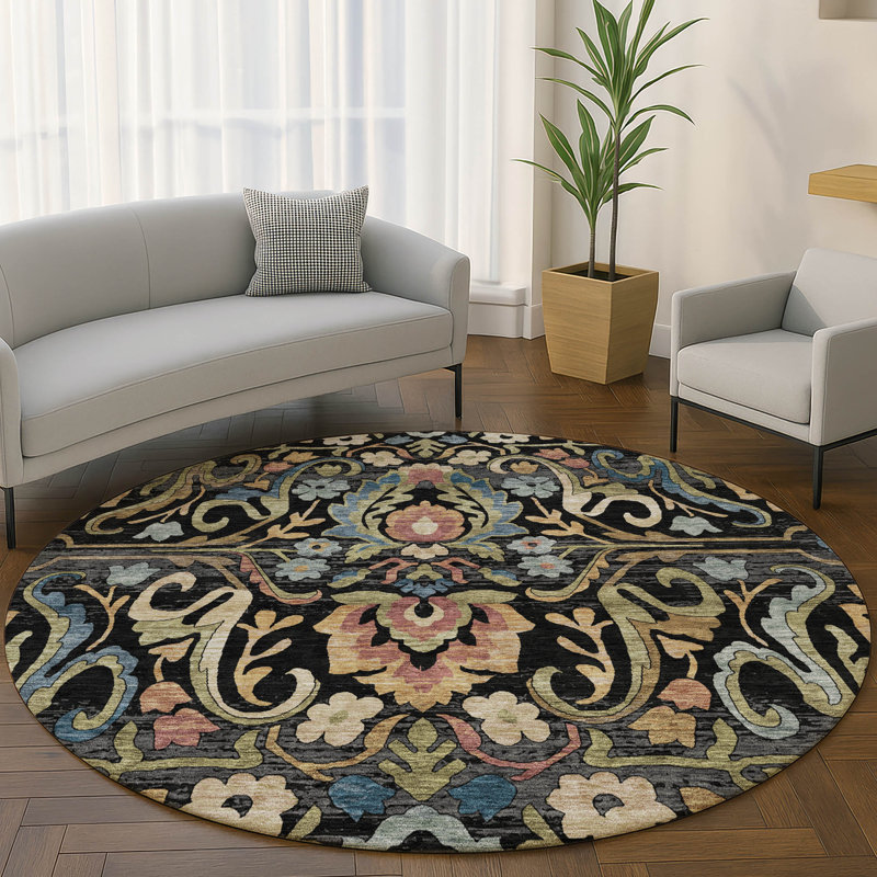 Premium Machine Washable Mayfield AMF2193 floral Rug, 8' Round, Black