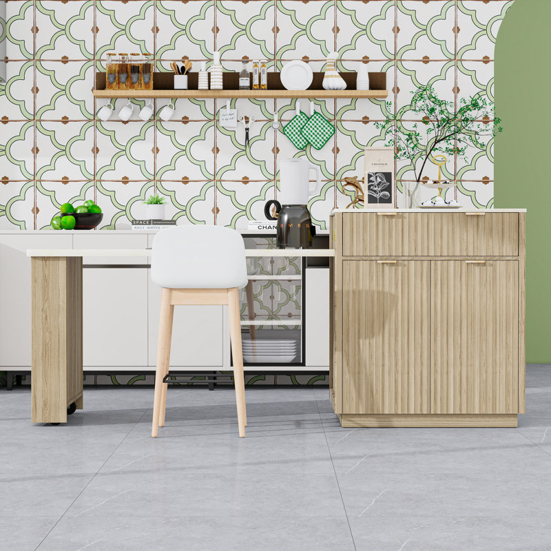Kitchen Island with Power Outlet, Open Shelves and 2 Drawers, White/Natural