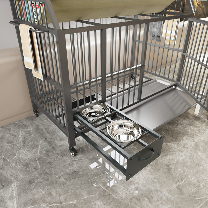 Grande cage pour animaux de compagnie avec support de rangement, tiroirs avec bacs à nourriture et à eau en acier inoxydable, support de rangement à double couche en cadre de fer et matériau en bois aggloméré, robuste, exquis et pratique