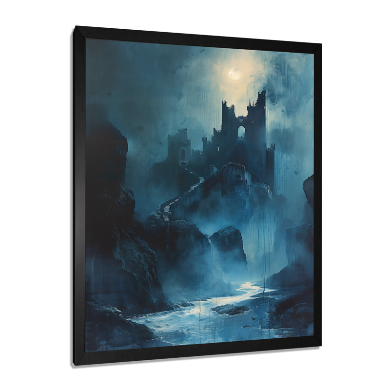 Décoration murale château de vampire bleu Dracula, H 32 po x l 24 po x P 1 po, Toile encadrée noire simple