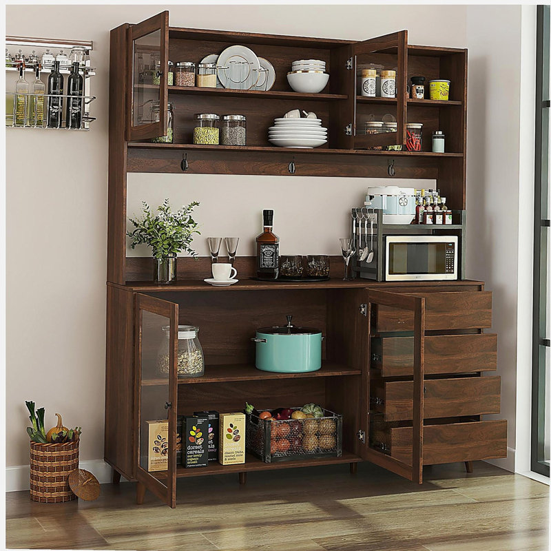 63" W Large Kitchen Hutch Cabinet, Freestanding Pantry Cabinets Storage Kitchen Cupboard with 4 Doors, 4 Drawers & Microwave Shelf, Walnut