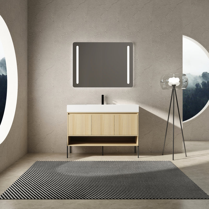 Meuble-lavabo 48 po avec lavabo simple en résine et armoire moderne à 3 portes en chêne - construction solide, assemblage facile, baignoire 48 po, lavabo, chêne, bois massif multicouche pour un élément attrayant contemporain