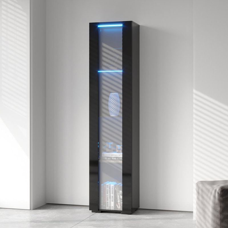 Black Side Storage With Aluminum Lamp - Strong And Construction Cabinet Brilliant Strip Ample Space Available W40xd29xh170cm 15mm Particleboard