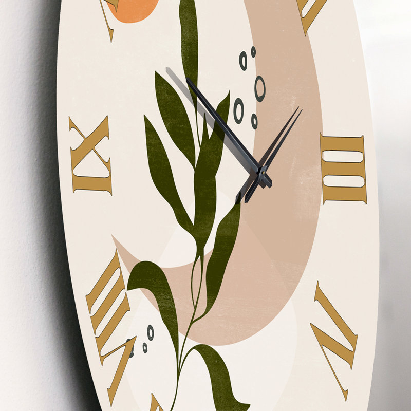 Lune géométrique abstraite avec feuille I - horloge murale moderne, Moyen