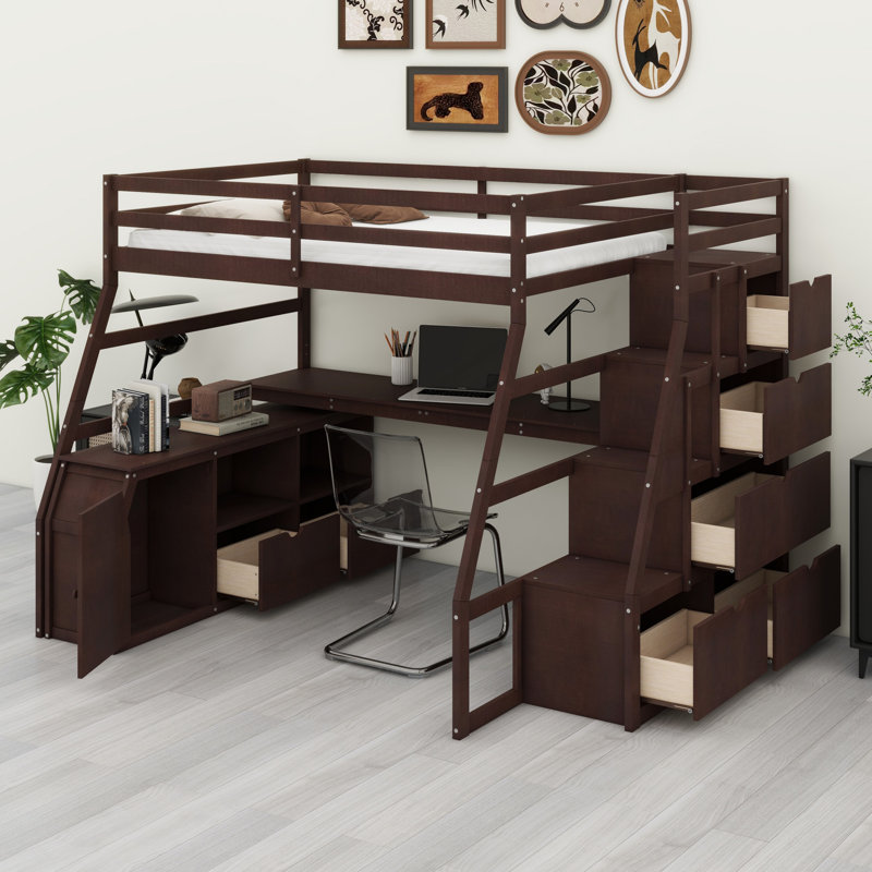 Lit mezzanine avec tiroirs, tablettes et bureau, Lit simple, Espresso