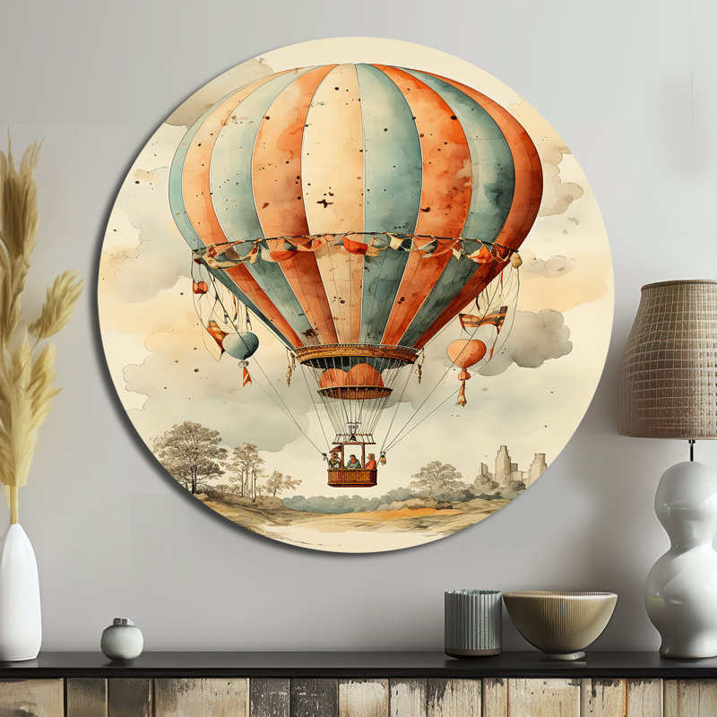 «Classic Classic Hot Air Balloon Charm I - Transport», art mural rond en métal, H 36 po x l 36 po