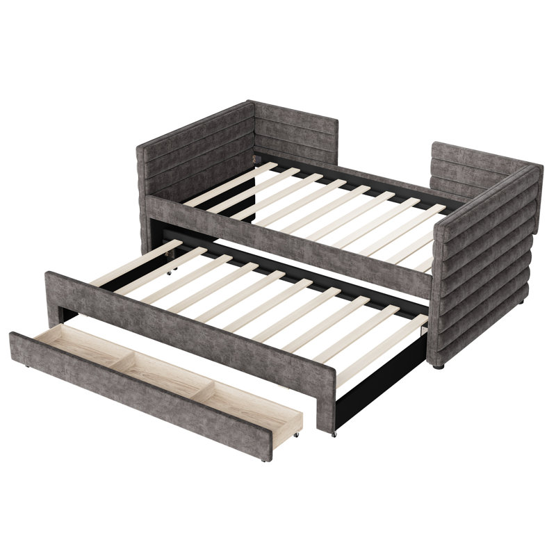 Gray Twin Daybed With Trundle And 3 Hidden Storage Drawers, Soft Chenille Material, Space - Saving In Home Office Areas Size Cover, Comfortable Functional Design, No Box Spring Needed