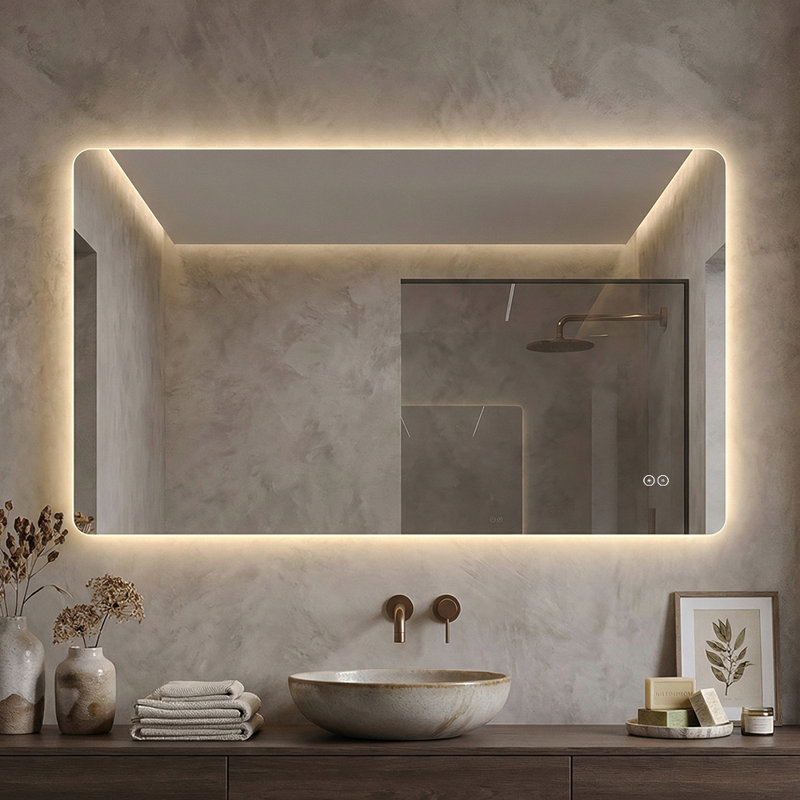 60" x 36"Frameless Rounded Rectangle LED Backlit Bathroom Mirror with Anti-Fog, 3-Color Dimmable Light and Touch Control