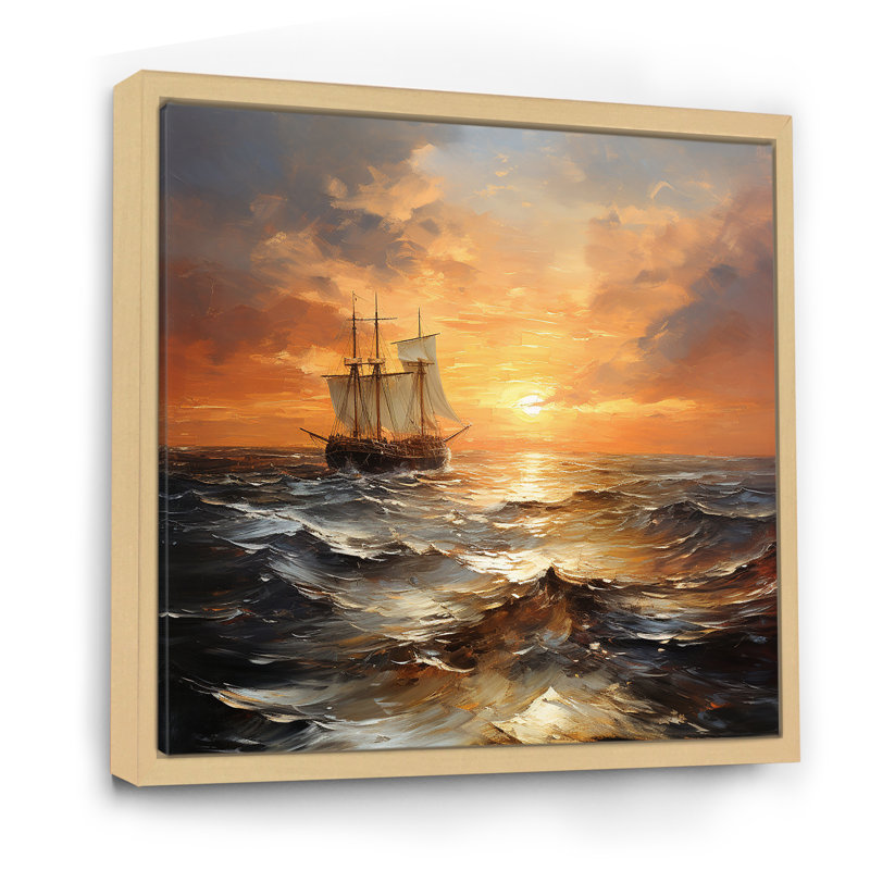«Golden Boat Horizon Sunset II - Coastal Sunset», art mural, Cadre flottant brun, H 16 po x l 16 po