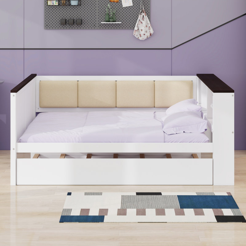 Wood Daybed Featuring Storage Shelves, Upholstered Backrest, USB, And Trundle, Full