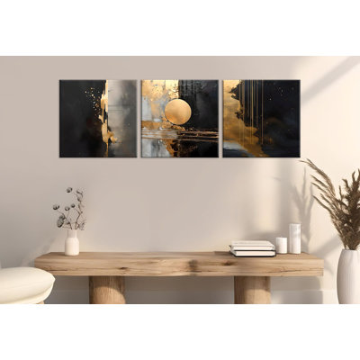 Elegant Decorative Canvas Painting Set (3 Pieces), Gold & Black, 11.8 x 11.8 inches Each | 50% Cotton / 50% Polyester with 100% Wooden Frames (Thickness: 0.8 inches) | Stunning Wall Art for Modern Home Décor