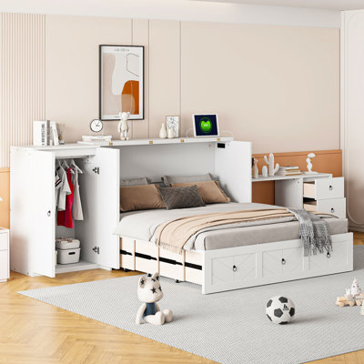 Lit grand avec charge - grand sous-tiroir, armoire blanche / armoire de bureau avec armoire / bureau spacieux et port, économie d'espace