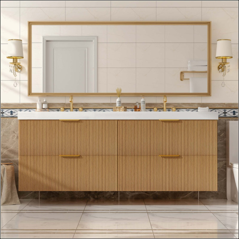 Meuble-lavabo double avec comptoir SMC, armoire en panneau de fibres à densité moyenne peint, tiroirs à fermeture en douceur, meuble-lavabo mural moderne