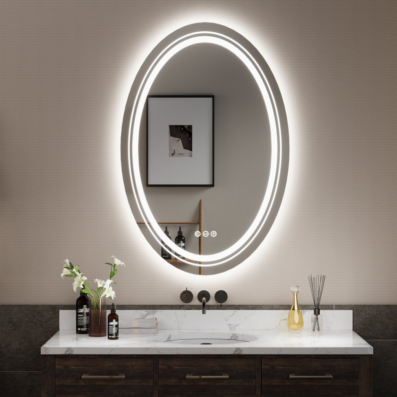 Miroir de salle de bain mural ovale sans cadre Waterpar en verre trempé, rétroéclairé et antibuée, avec 3 températures de couleur réglables et intensité lumineuse variable, certifié ETL et UL.