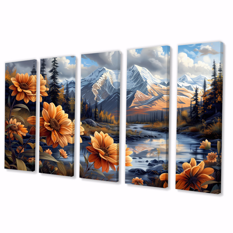 «Alaska Denali National Park Flower Mountain River», ensemble d'art mural Alaska, H 28 po x l 60 po