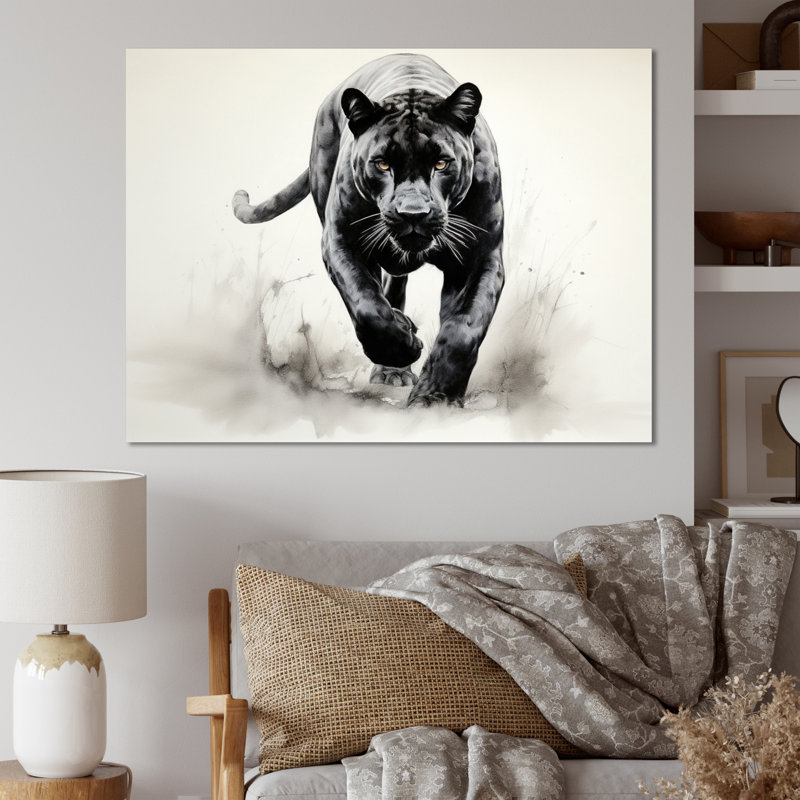 Grey White Panther Silent Stalker Ink - Animals Canvas Wall Art, H 24 po x l 32 po, Toile tendue