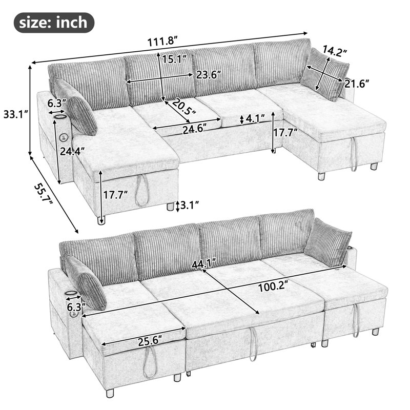 112" U-shaped Pull-Out Sleeper Sectional Sofa Bed with Storage, Brown Chenille