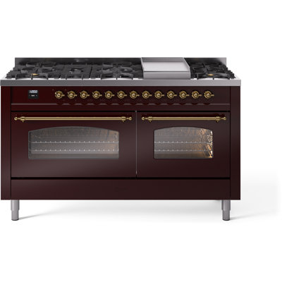Cuisinière à double combustible de 60 po avec 9 brûleurs scellés et plaque chauffante (porte vitrée) ILVE Nostalgie II Series