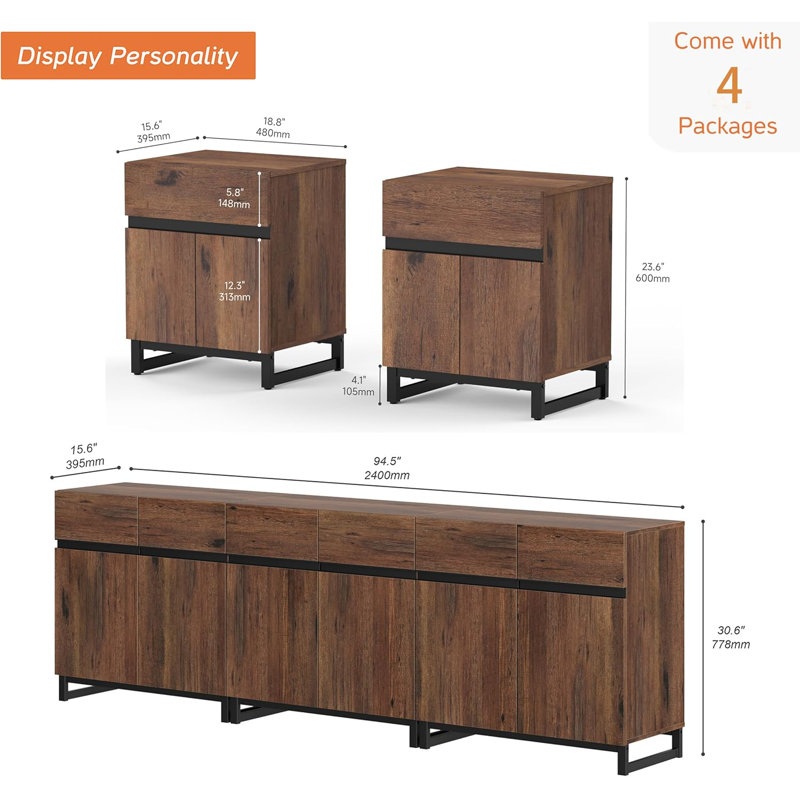 Nellie 3-Piece Modern Storage Furniture Set, Entertainment Center For Tvs Up To 100 Inches, 2 Nightstands With Drawers And Cabinets For Bedroom