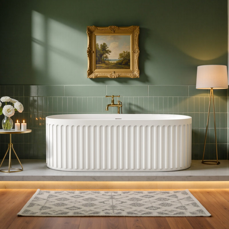 ReedForm 66"×29" Fluted Solid Surface Stone Bathtub, Freestanding Deep Soaking Tub with Overflow, Pop-up Drain