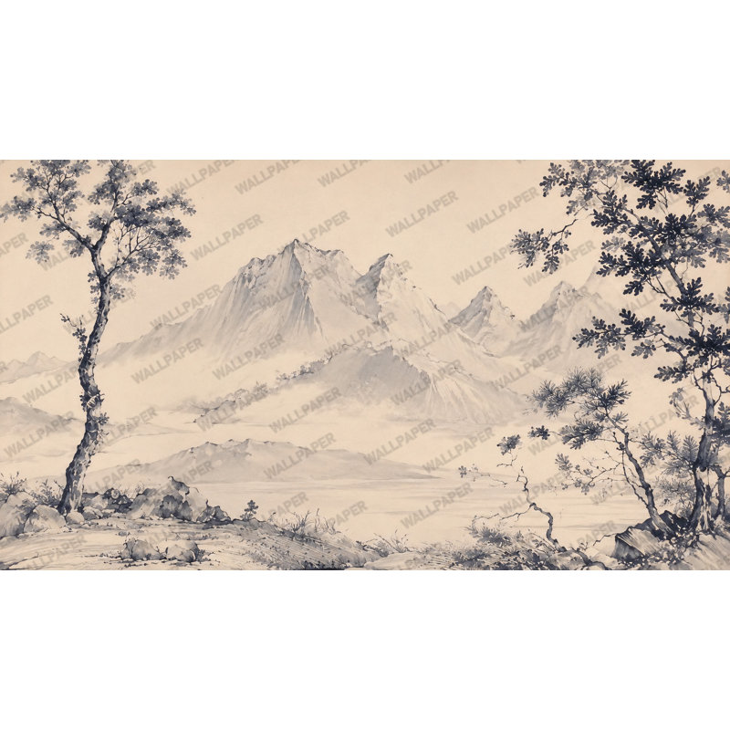 Papier peint paysage de montagne à l'encre japonaise en beige et gris anthracite, L 120 x L 80, Vinyle
