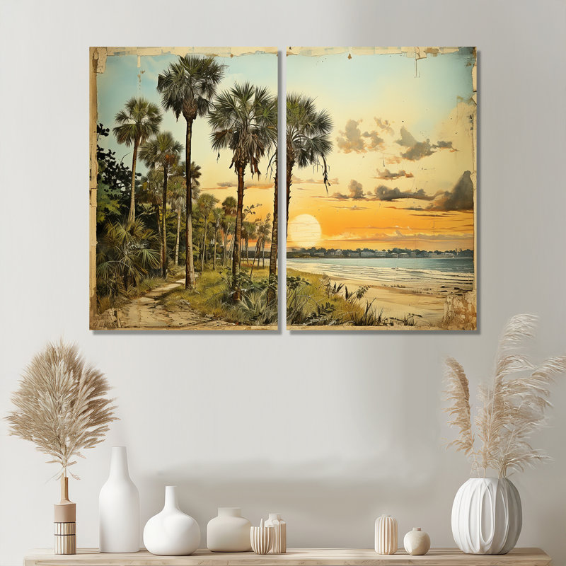 Collage rétro de la Floride, palmiers et plage V - art mural vert, H 36 po x l 48 po, Toile tendue, Ne s’applique pas