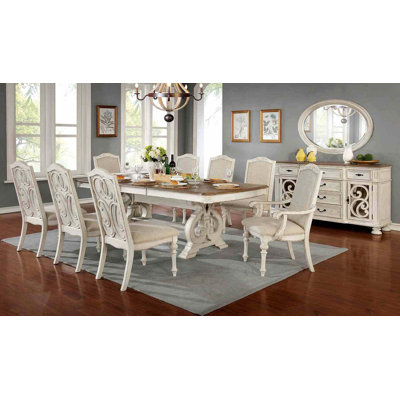 Rustic Dining Set with Intricate Wood Inlay and Upholstered Seating