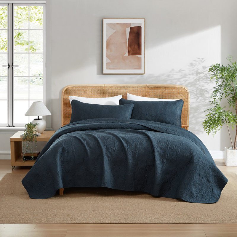 HLC.ME Benji - 3 Piece Quilt Set, Lightweight Bedspread Coverlet Quilt, Navy Blue, King Quilt + 2 King Shams