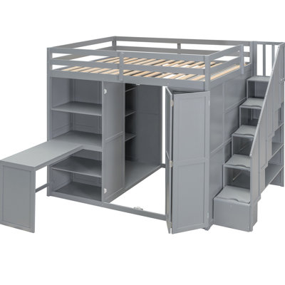 Gray Full Size Loft Bed Featuring Foldable Door Panels And Three Shelves, Built - In Desk For Productivity, Ideal Modern Bedrooms With Wardrobe Gray, Shelves Neat Storage, Creating An Efficient