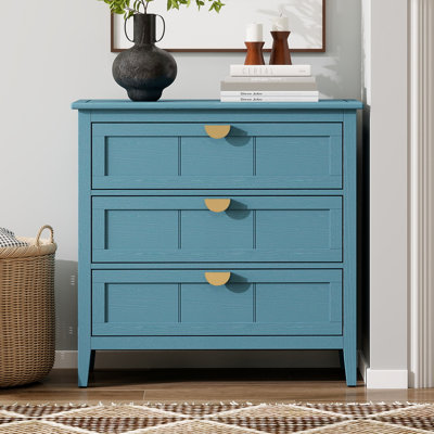 Mid-century Modern 3 Drawer Dresser, Light Blue Coastal Accent Chest With Gold Metal Handles, Wood Veneer Storage Cabinet With Solid Wood Legs For Bed