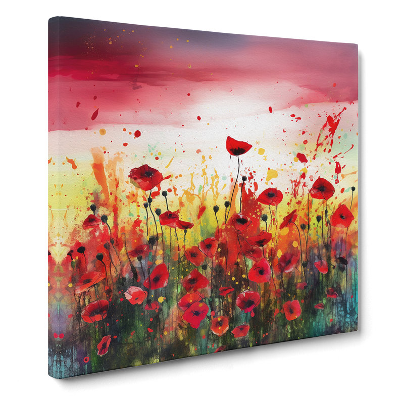 Poppy Field Splatter Art - Wrapped Canvas, 35cm H x 35cm W x 3cm D