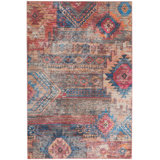 Machine Washable Southwestern Blue/Red Area Rug